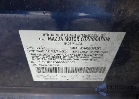 2009 Mazda Mazda6 S Grand Touring из США, поврежденный, VIN 1YVHP82B095M16507